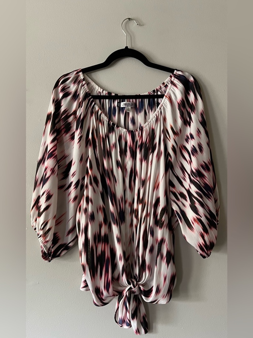 Jennifer Lopez Front Tie Shimmer Animal Print Blouse